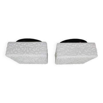 1970s Pair of Milky Glass Square Ceiling Lights, Czechoslovakia