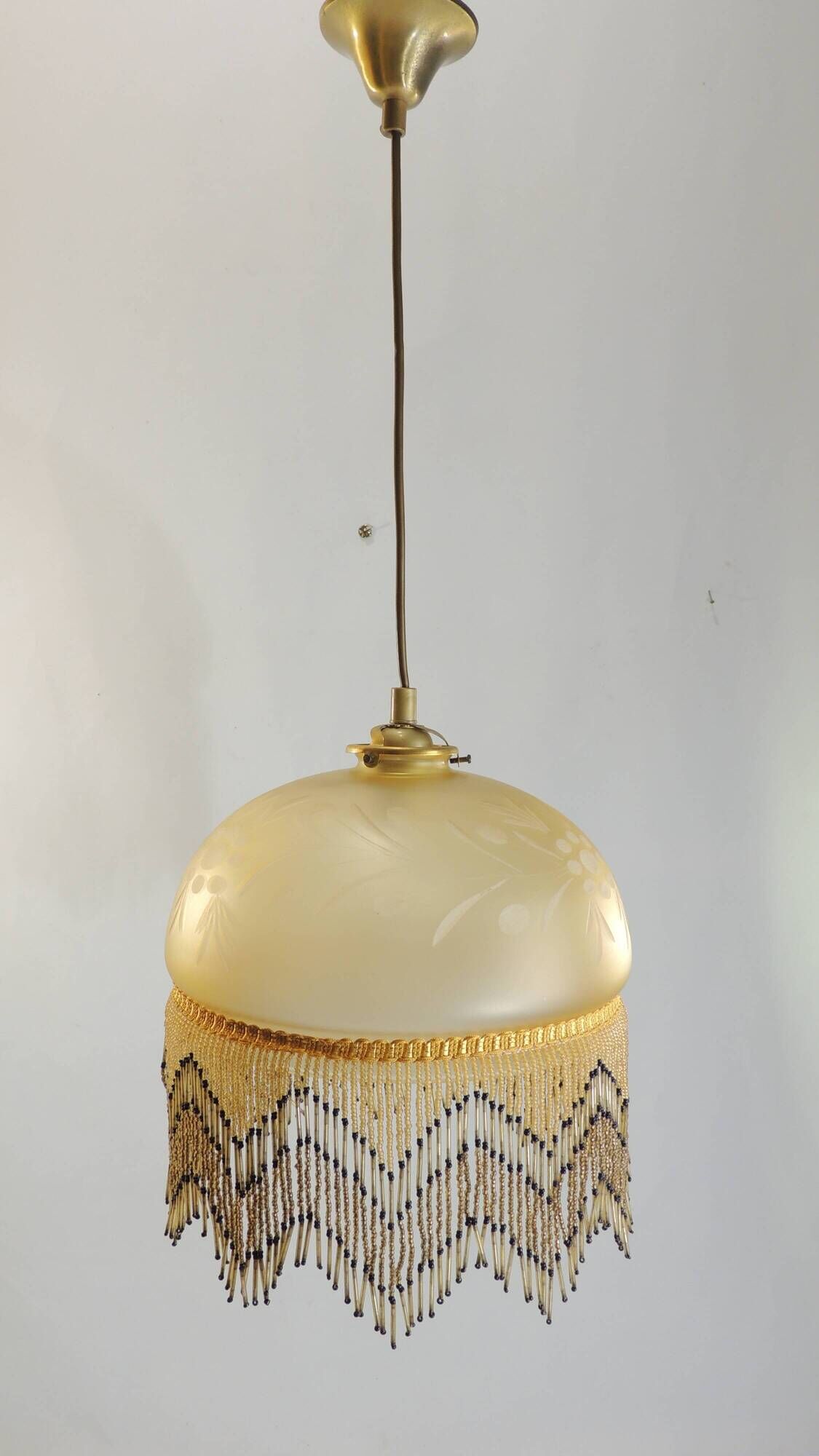 Vintage frosted glass pendant light with beaded fringes - Art Deco lamp