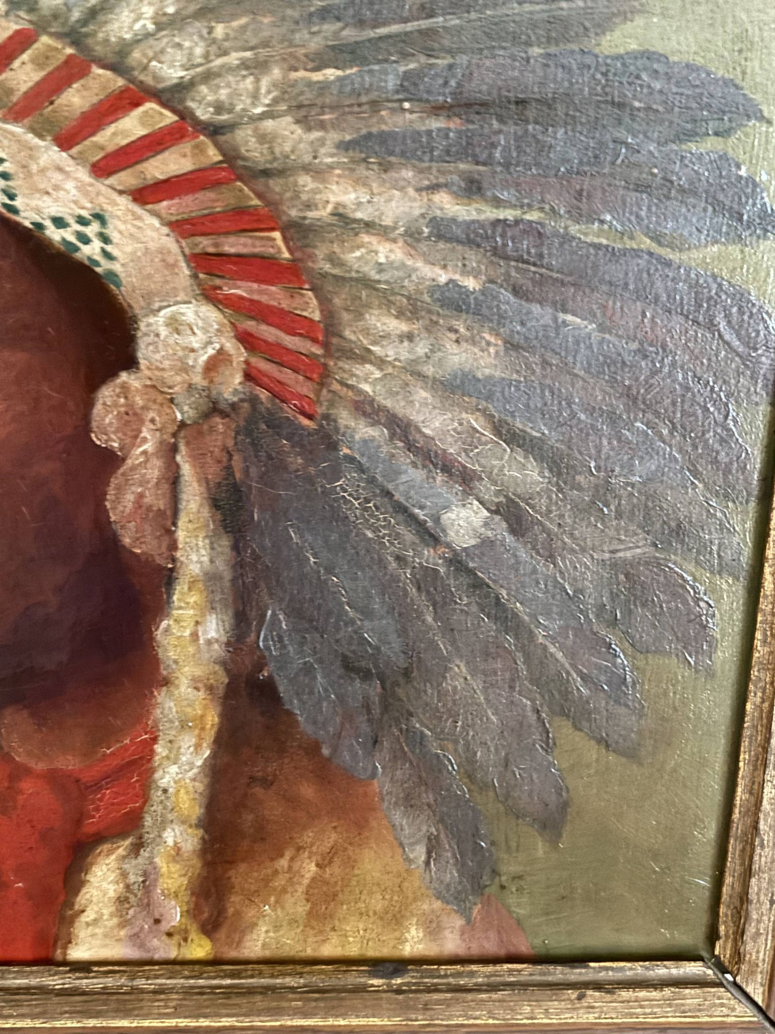 Old oil painting on panel of a Native American chief from the 19th century Wild West.
