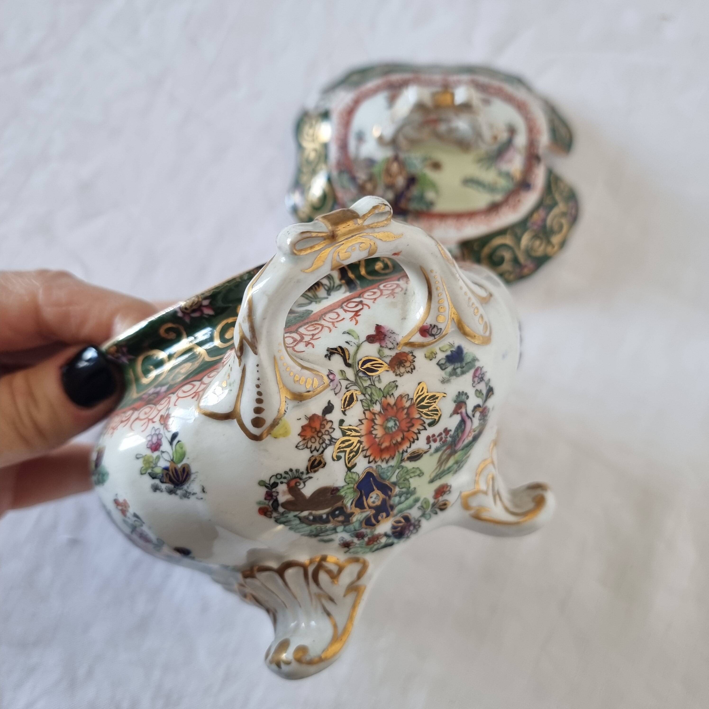 Antique Masons Sauce Boat with Lid English Porcelain Chinoiserie F