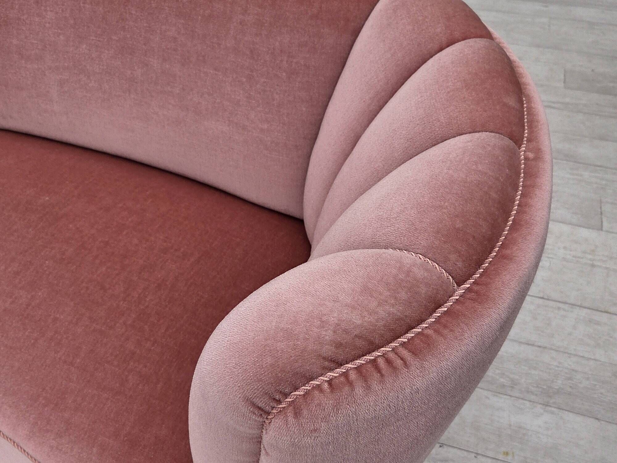 1970s, Danish 2-seater curved sofa, original salmon pink furniture velour.