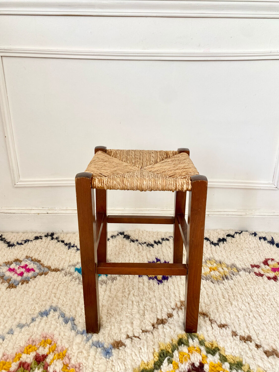 Tabouret bois paillé vintage