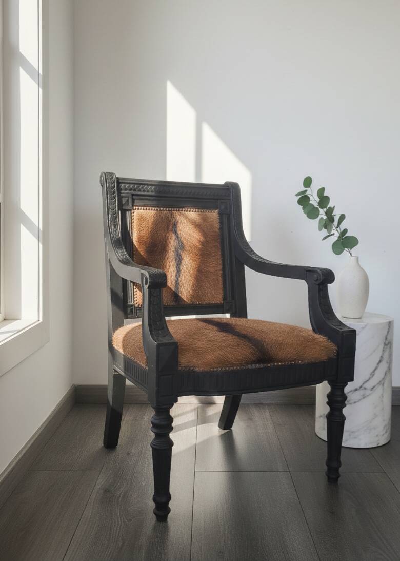Character armchair in black wood and animal skin #CHMR