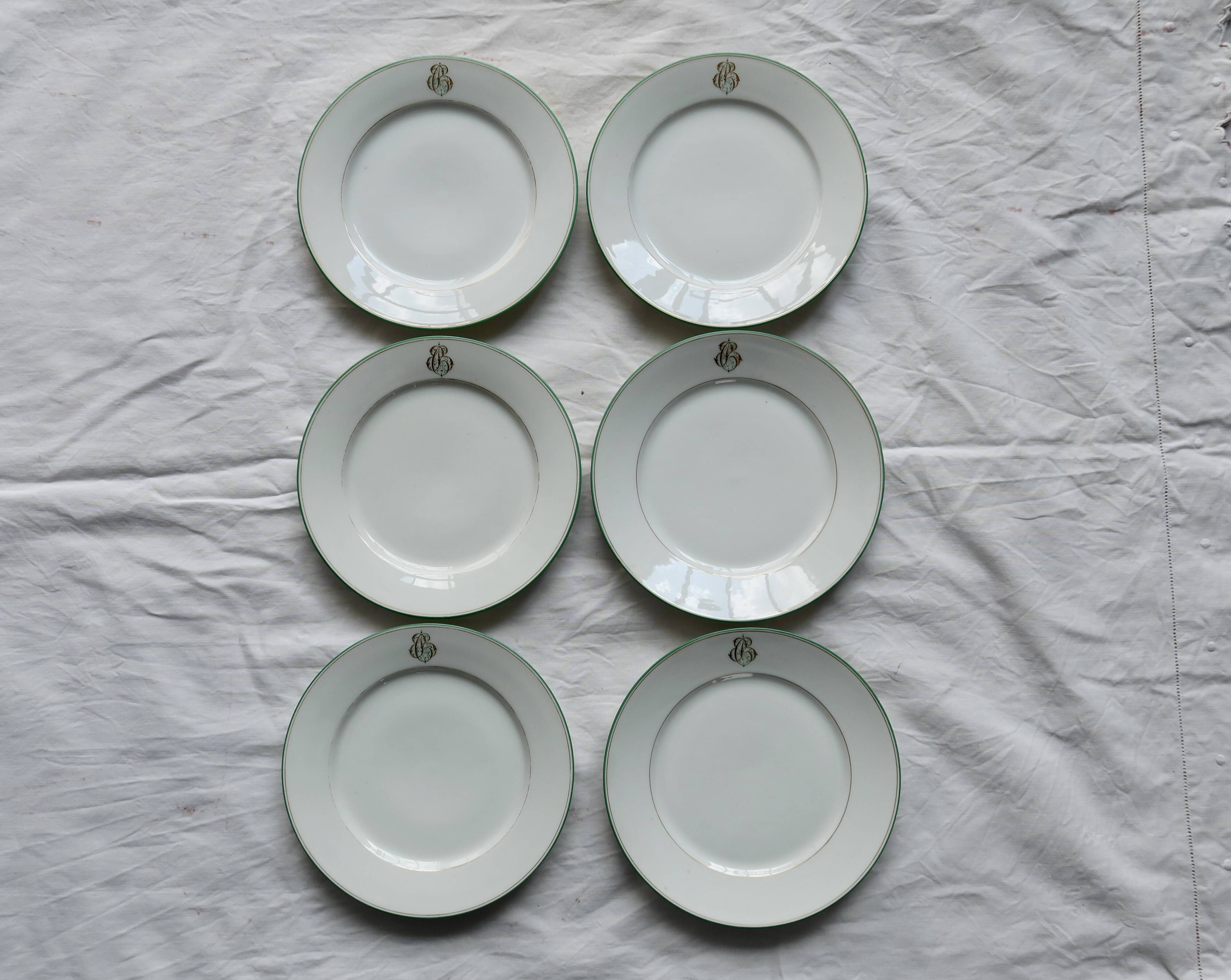6 monogrammed dessert plates Limoges porcelain