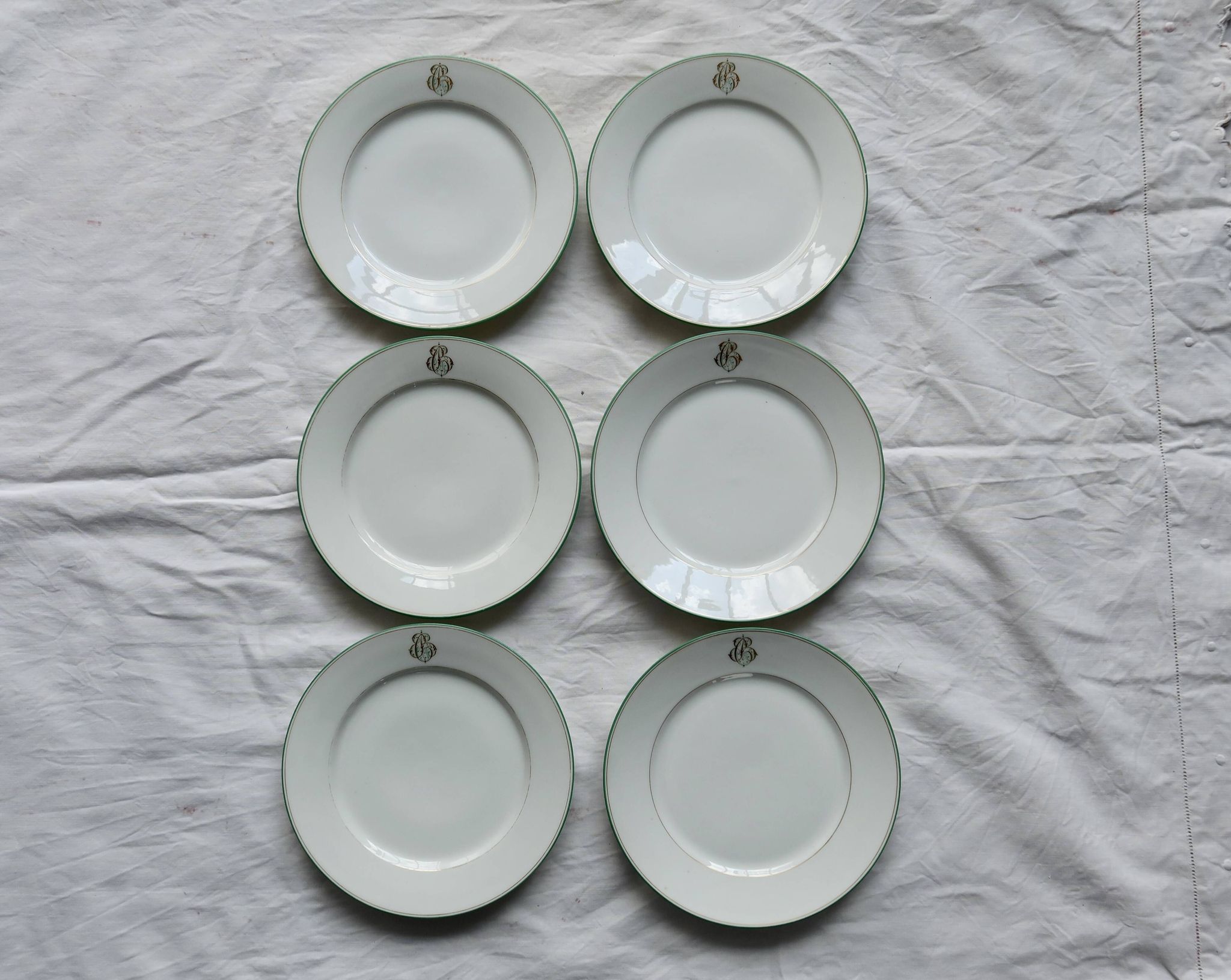 6 monogrammed dessert plates Limoges porcelain