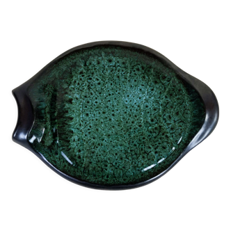 Plat de service en céramique émaillée écaille tortue noir mat et vert années 50