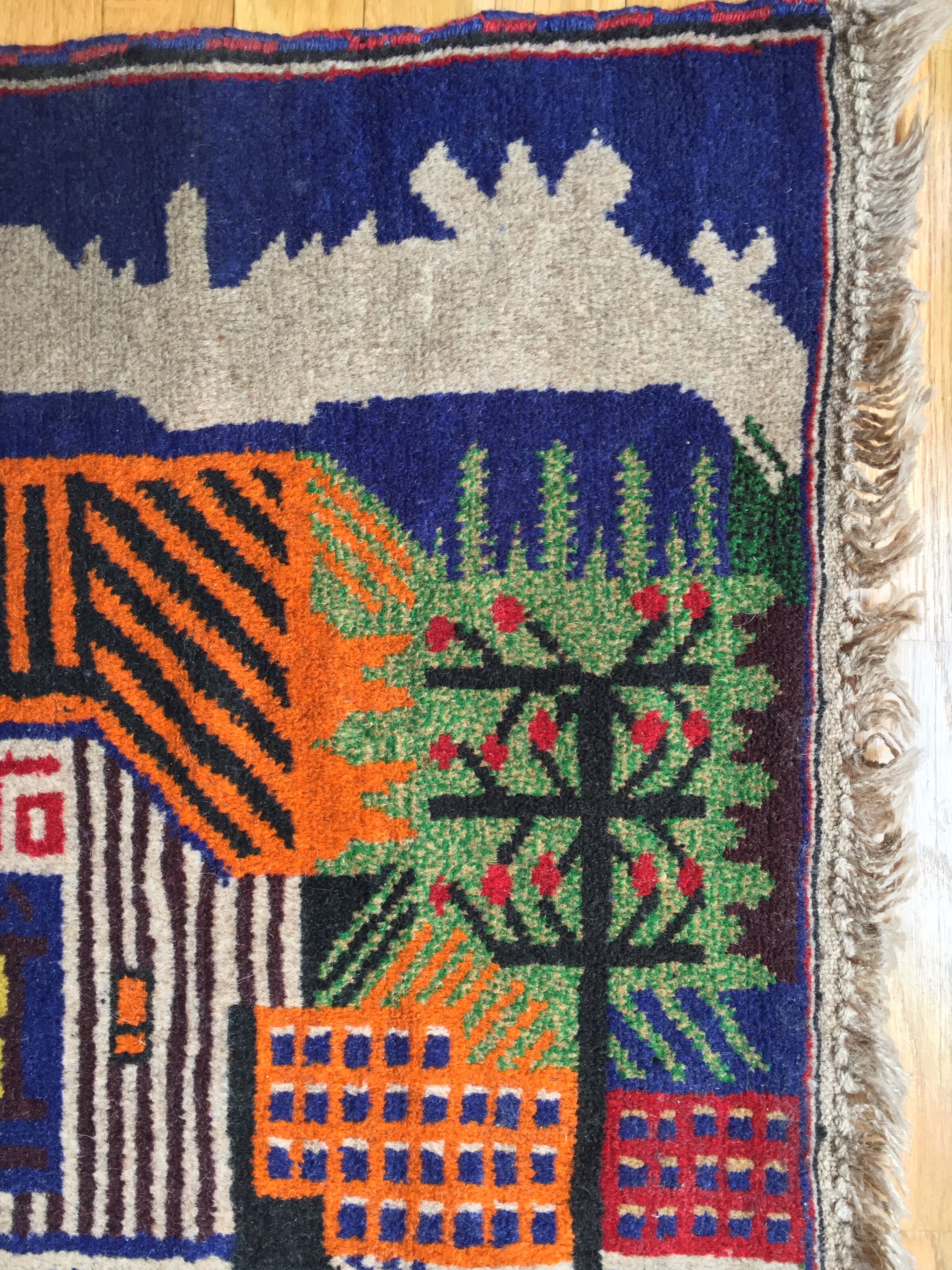 Afghan carpet 80s MOTIF VILLAGE IN PRINTEMPS 85x148cm