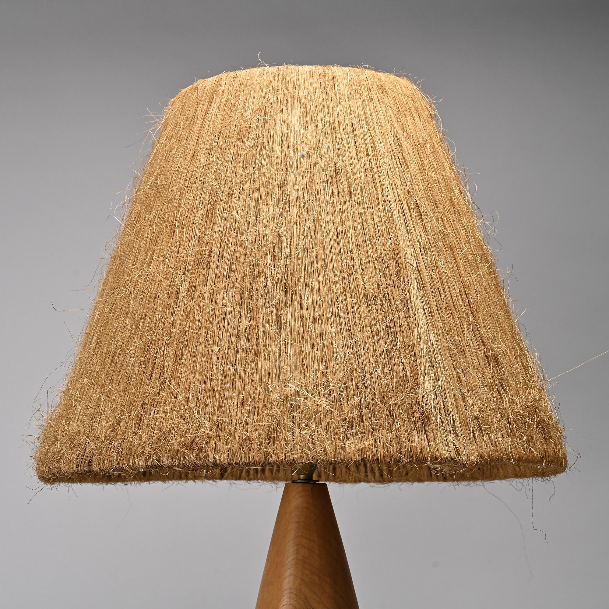 Turned wooden lamp and natural fibre, France, circa 1960