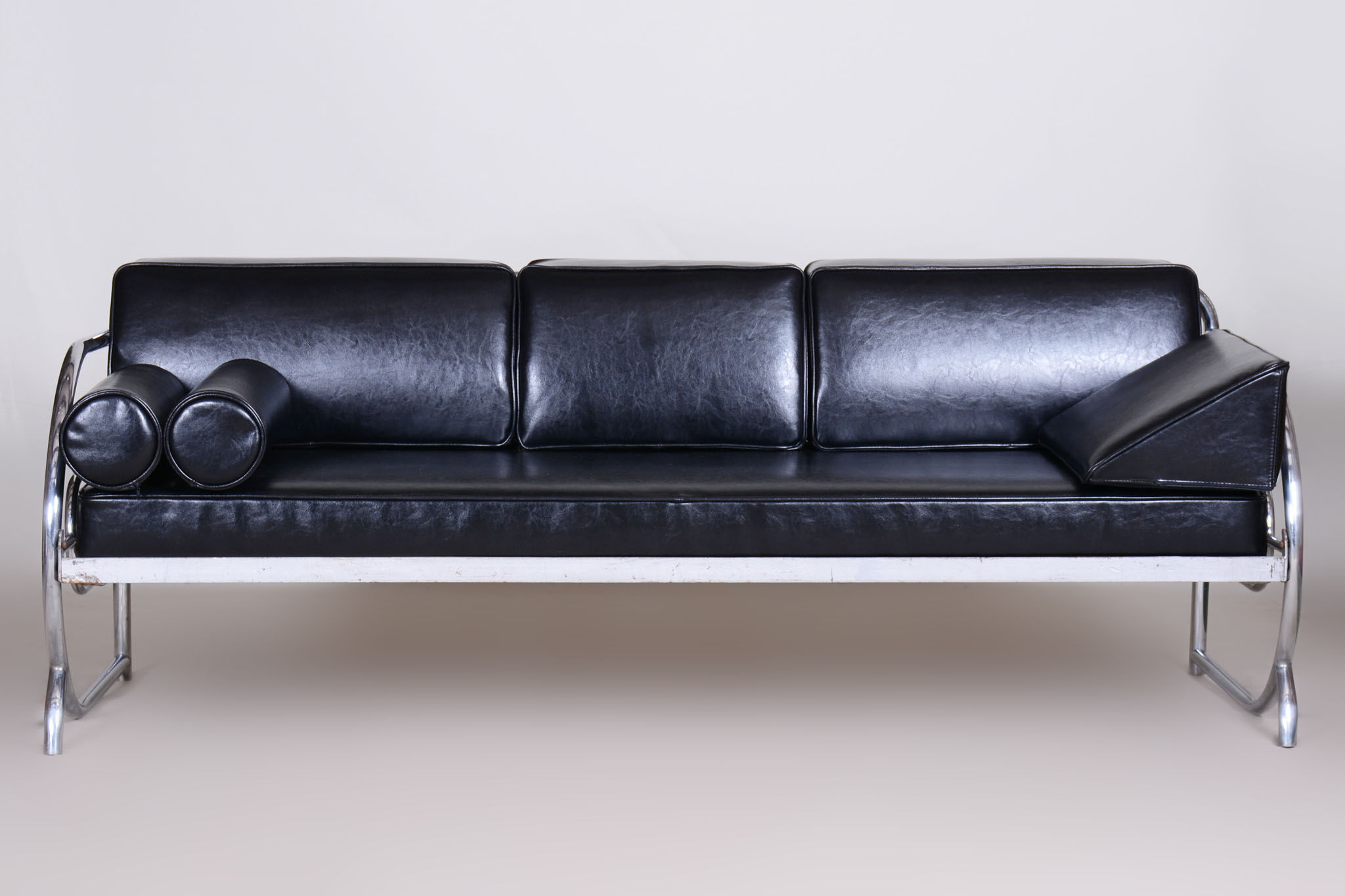 Restored Black Bauhaus Sofa, Designer Robert Slezak, High-Quality Leather, 1930s