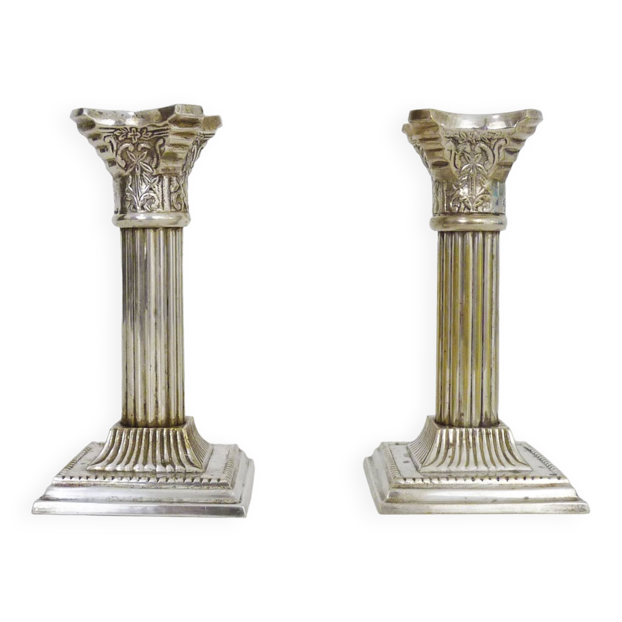Pair of Antique Silver Plated Corinthian Candlesticks