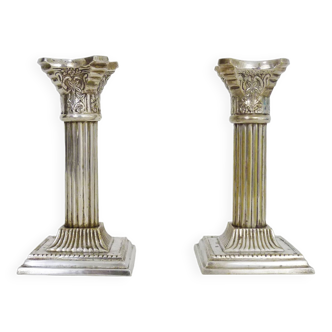 Pair of Antique Silver Plated Corinthian Candlesticks