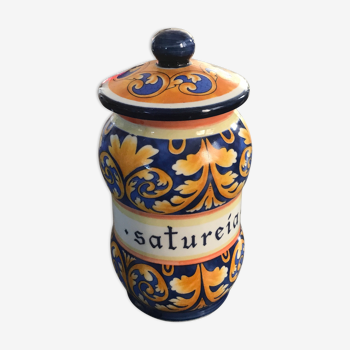Pot, porcelain pharmacy jar decorated with polychrome arabesques