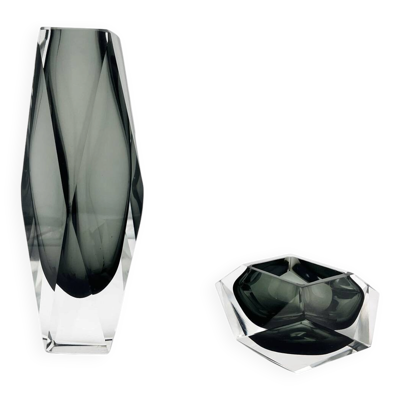Duo XXL Mandruzzato Murano Vase 27cm & Coupe Cristal Gris Fume