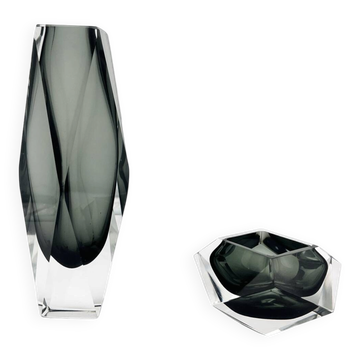 Duo XXL Mandruzzato Murano Vase 27cm & Grey Smoke Crystal Bowl