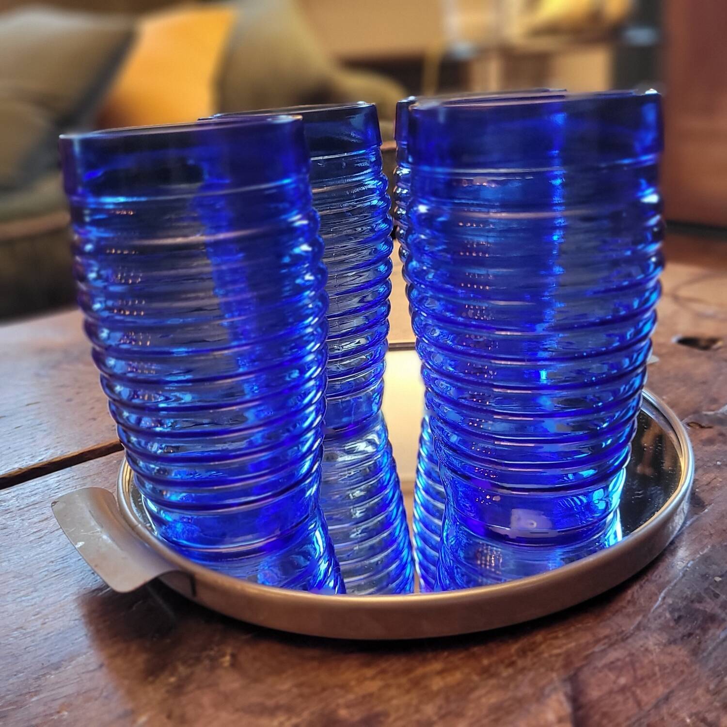 4 cobalt blue glasses – industrial moulded glass – 1970s