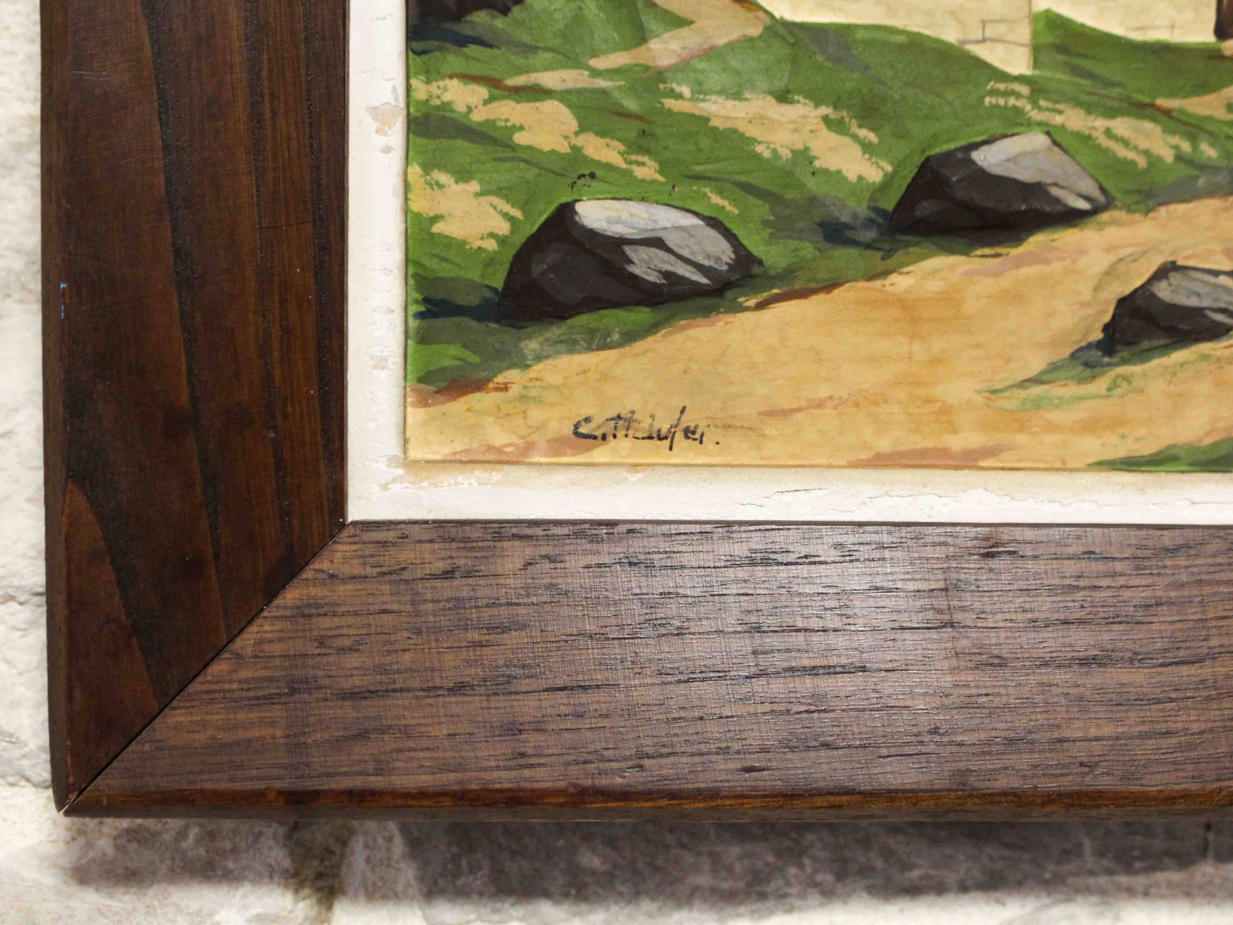 Oil on carved panel in relief, Alpine chalet