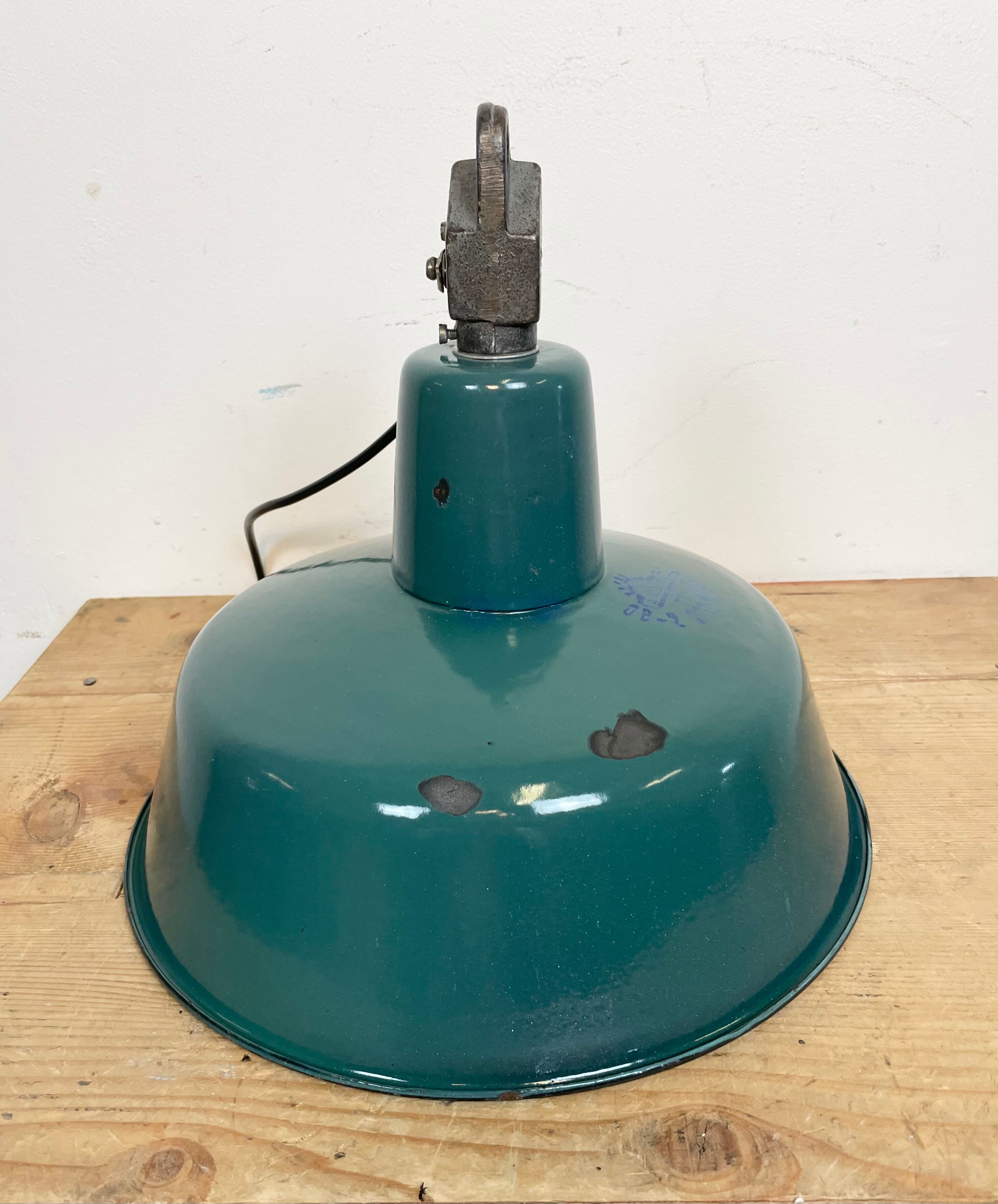Industrial Green Enamel Factory Lamp with Cast Iron Top, 1960s