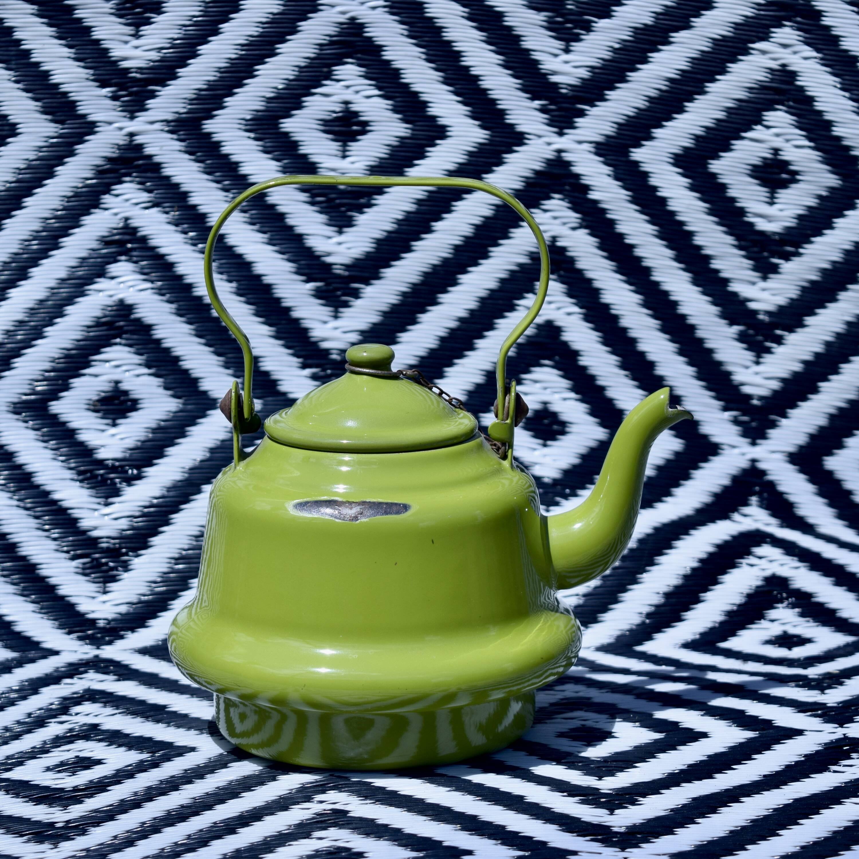 Vintage green enameled sheet metal kettle