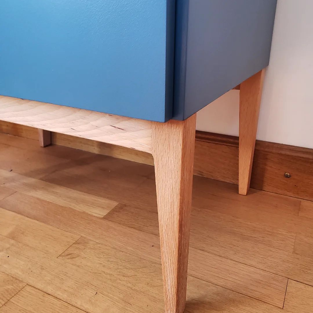 Blue sixties cabinet and monstera leaves