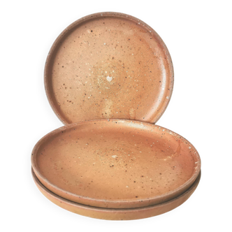 trio of brown stoneware plates, handmade pottery