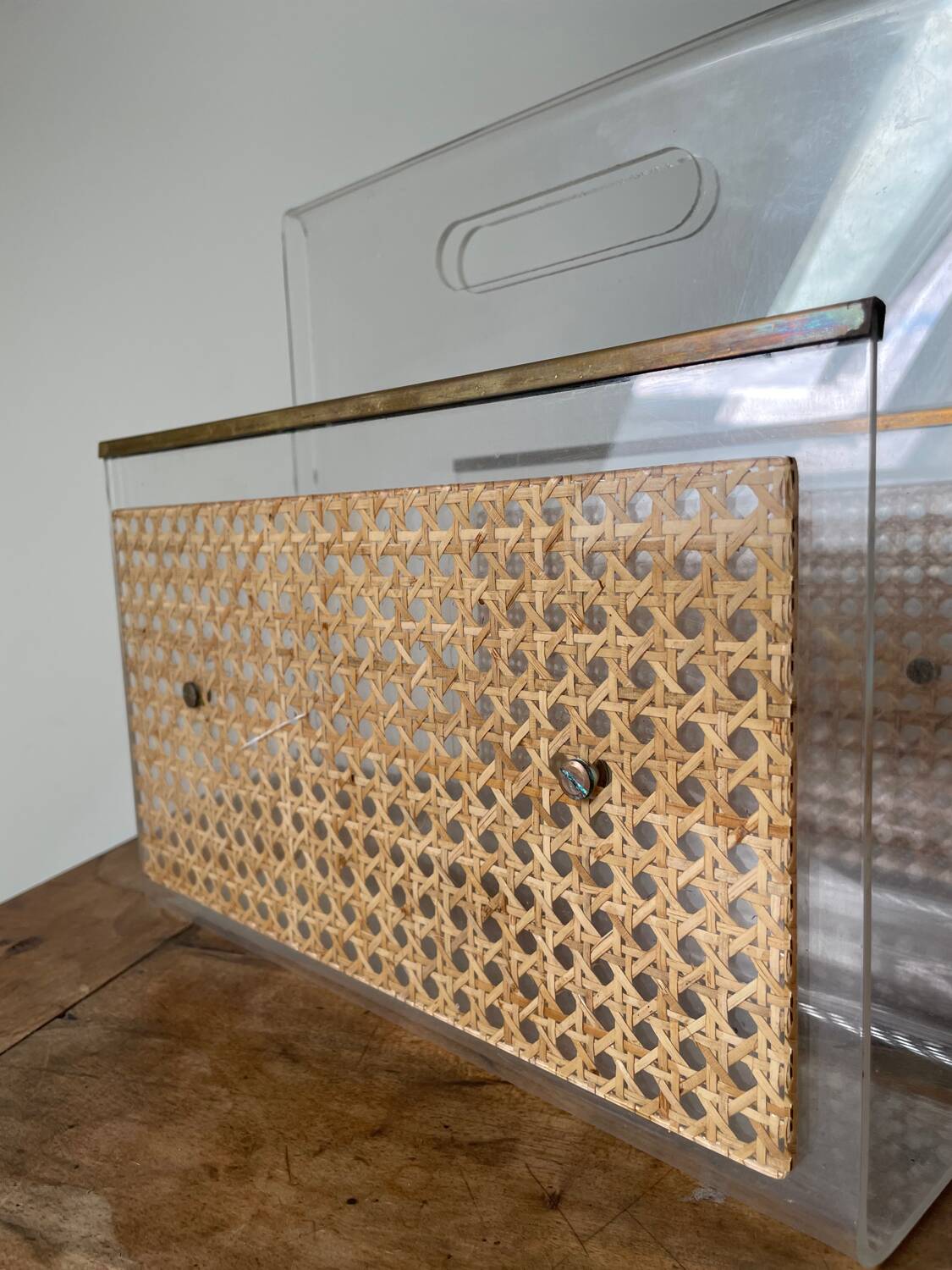 Magazine rack in plexiglass, brass and cane, 1970
