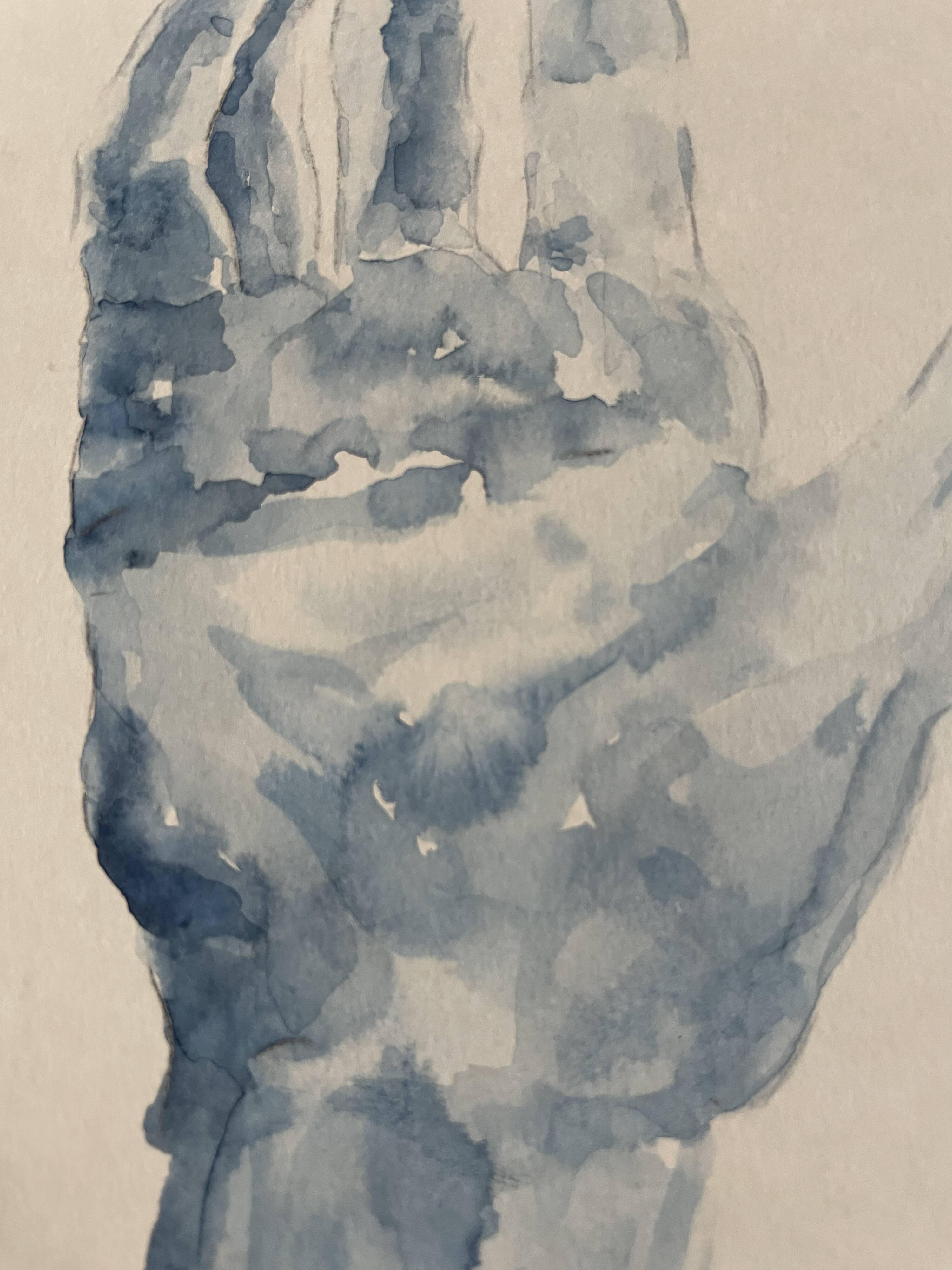 Painting signed blue monochrome watercolor study of the statue of Rodin “the hand reveals the man”