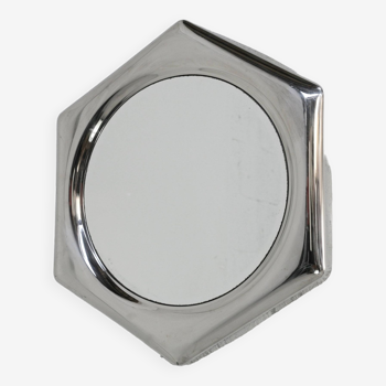 “Space age” mirror, hexagonal, in steel. Circa 1970