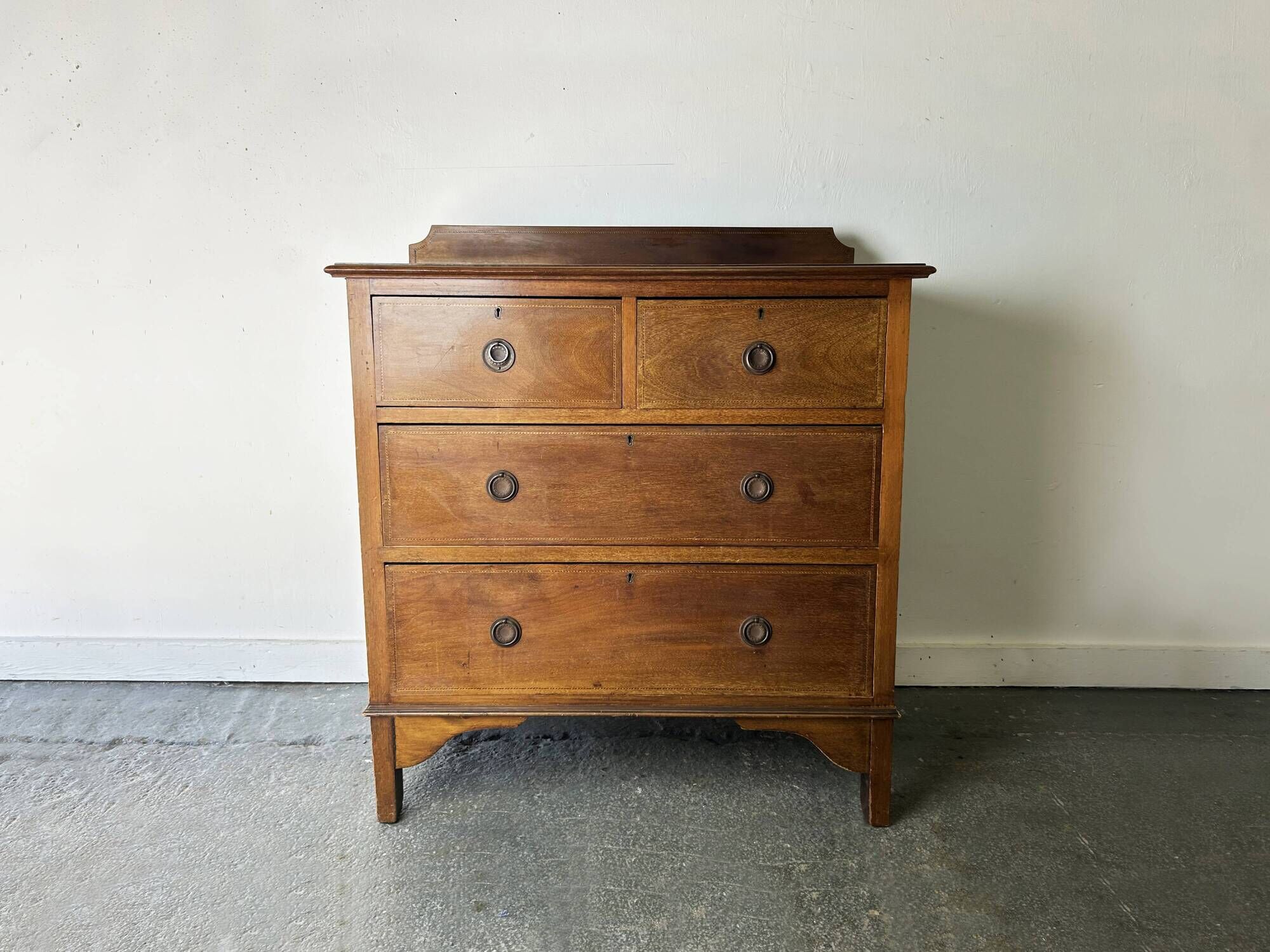 Edwardian Inlaid Mahogany Chest of Drawers, Gallery Back, Ring Handles Circ