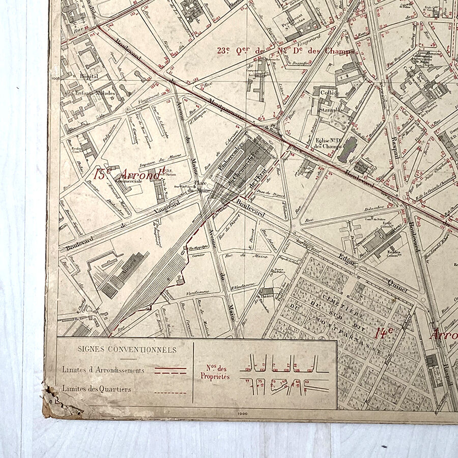 Old cardboard map of Paris - 5th and 6th Arrondissement