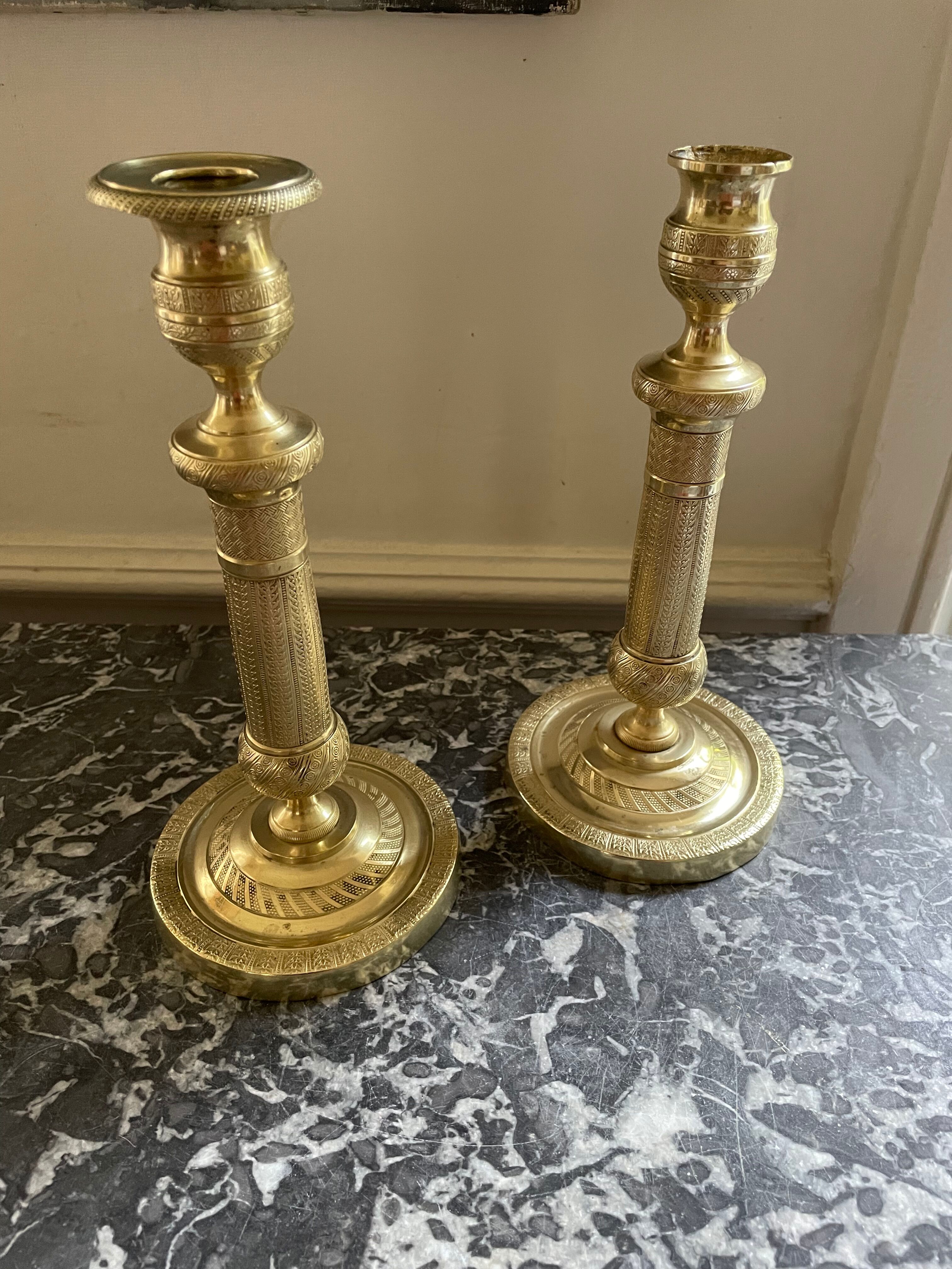 Pair of torch candle holders in chiseled gilded bronze XIXEME