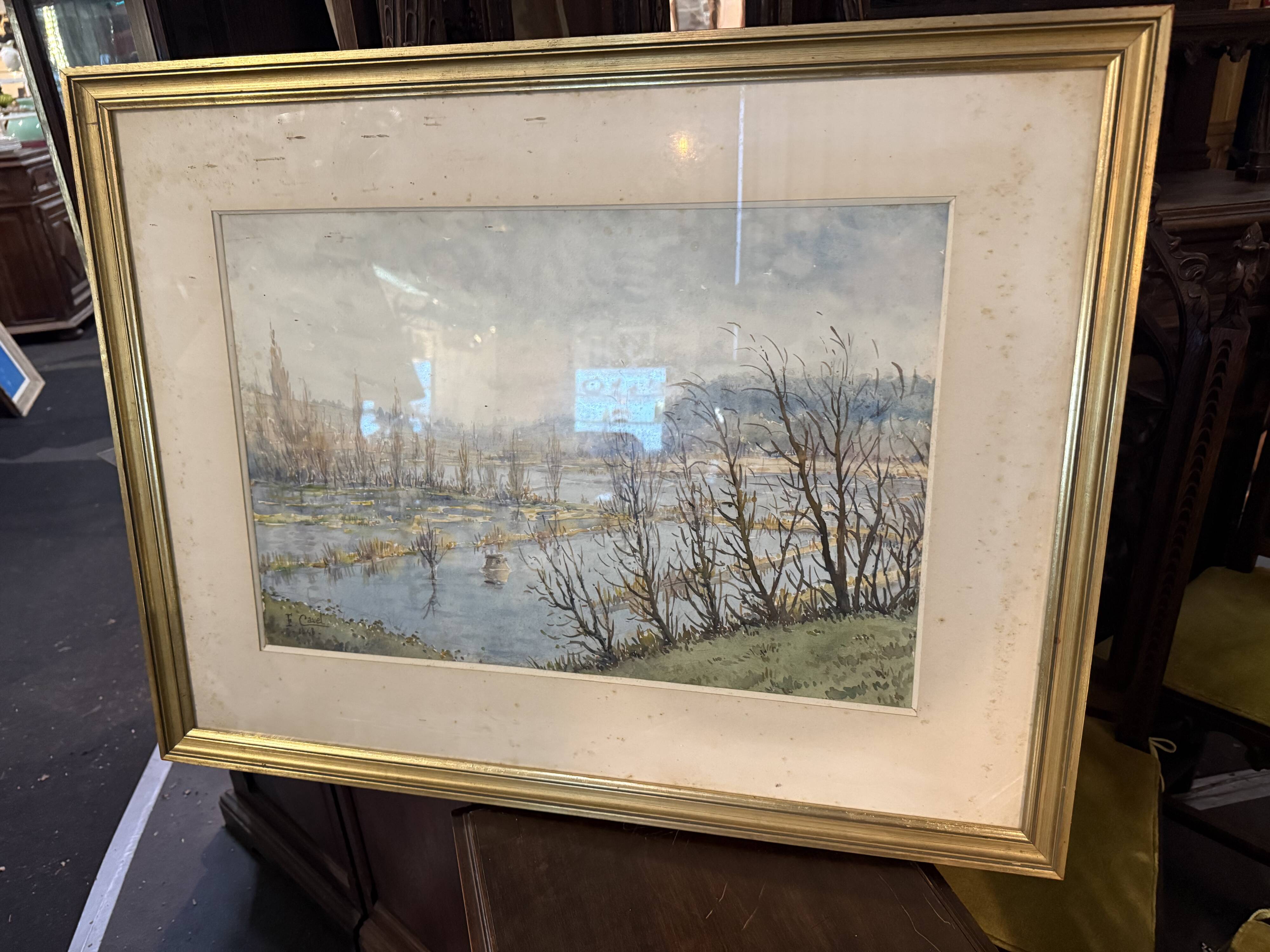 Lithograph Marsh Landscape Signed F Cavel
