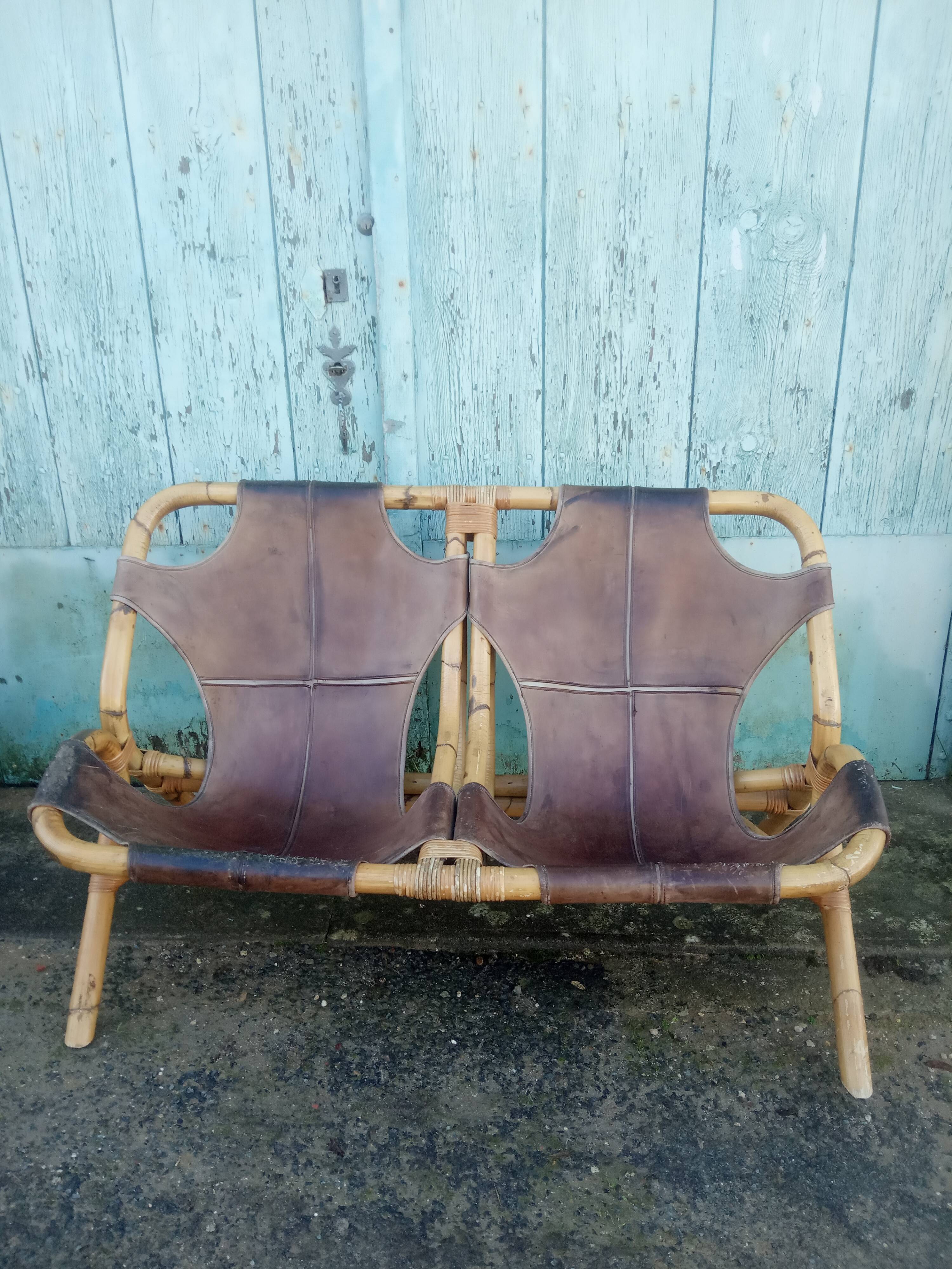 Bench 2 seater Rohe Noordwolde 60s rattan and leather