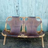 Bench 2 seater Rohe Noordwolde 60s rattan and leather