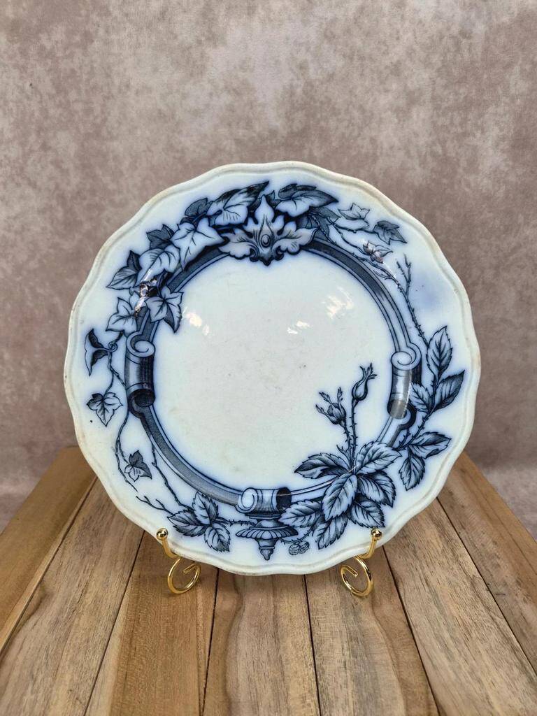 Antique English plate BWM & Co – Rose & Ivy pattern – registered 1868 – blue and black decoration.