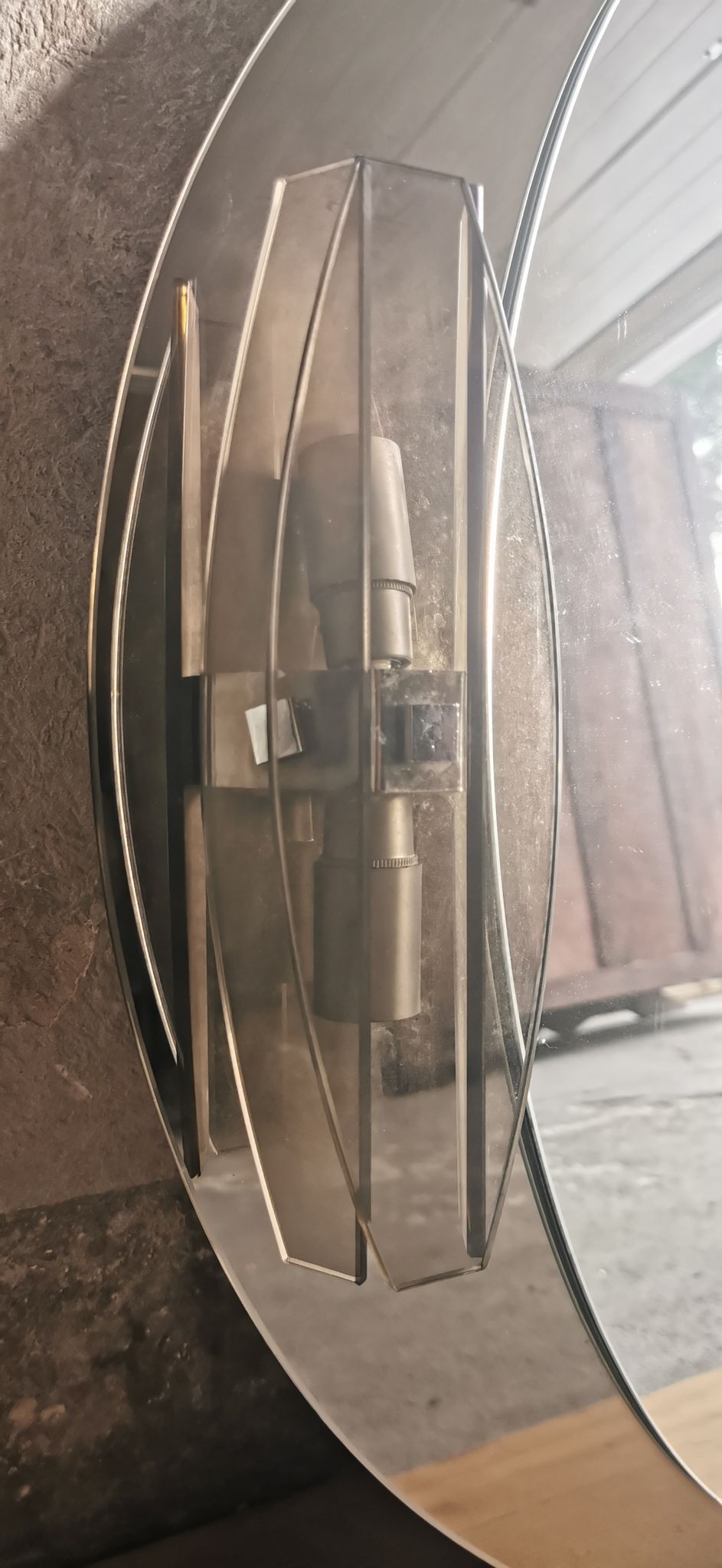Round mirror 70s smoked glass, 2 appliques