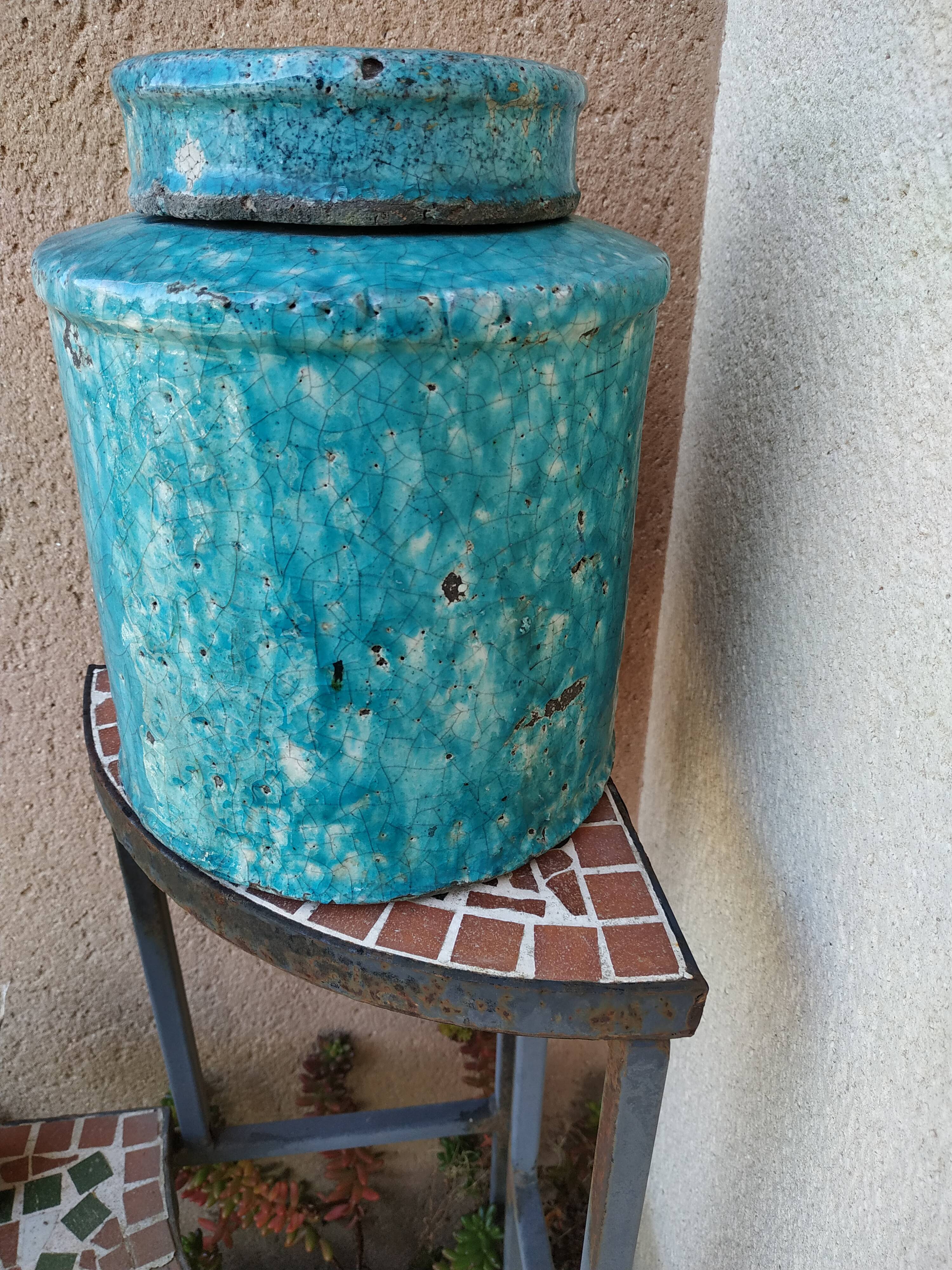Large tea box in turquoise blue Raku pottery