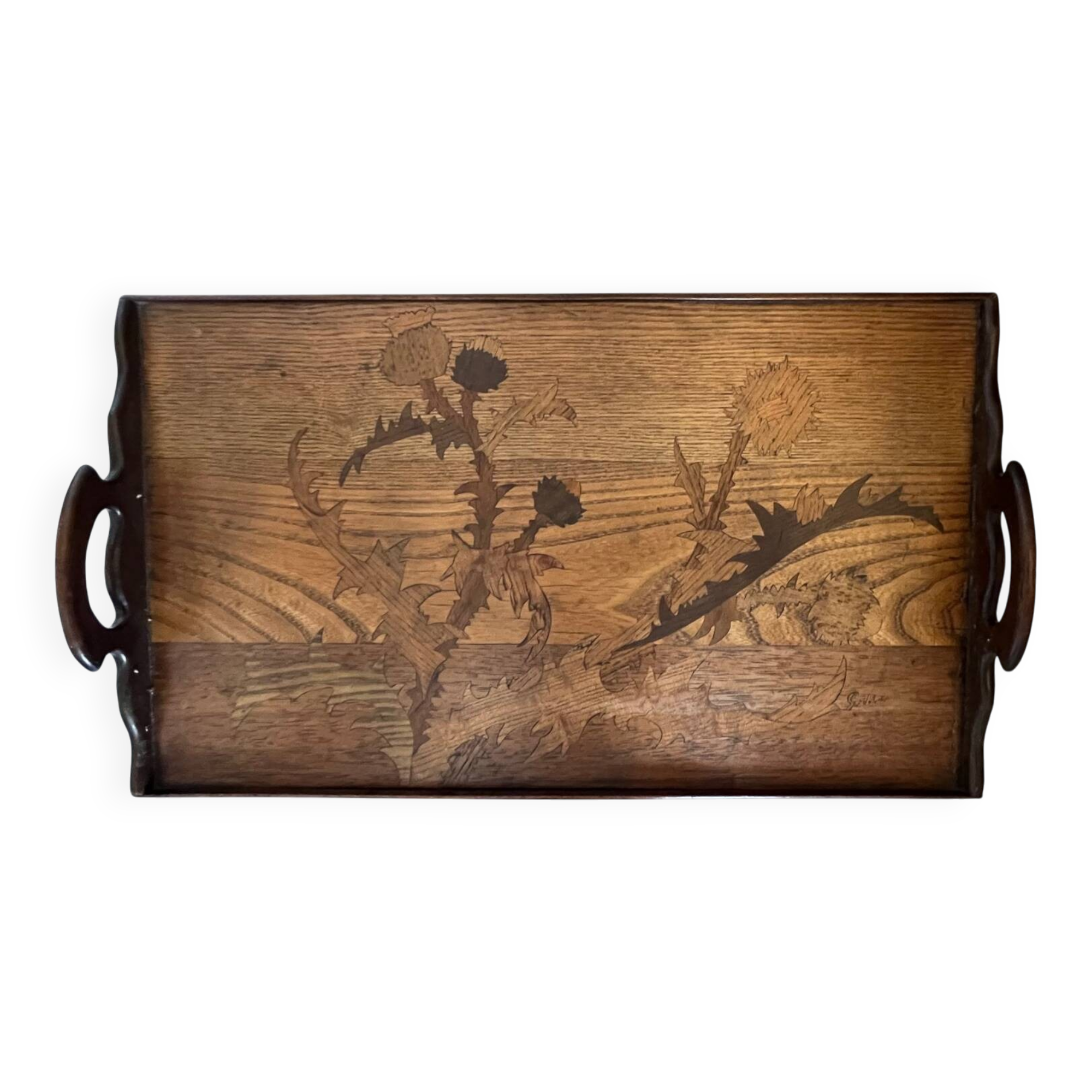 Antique wooden tray with marquetry signed Gallé