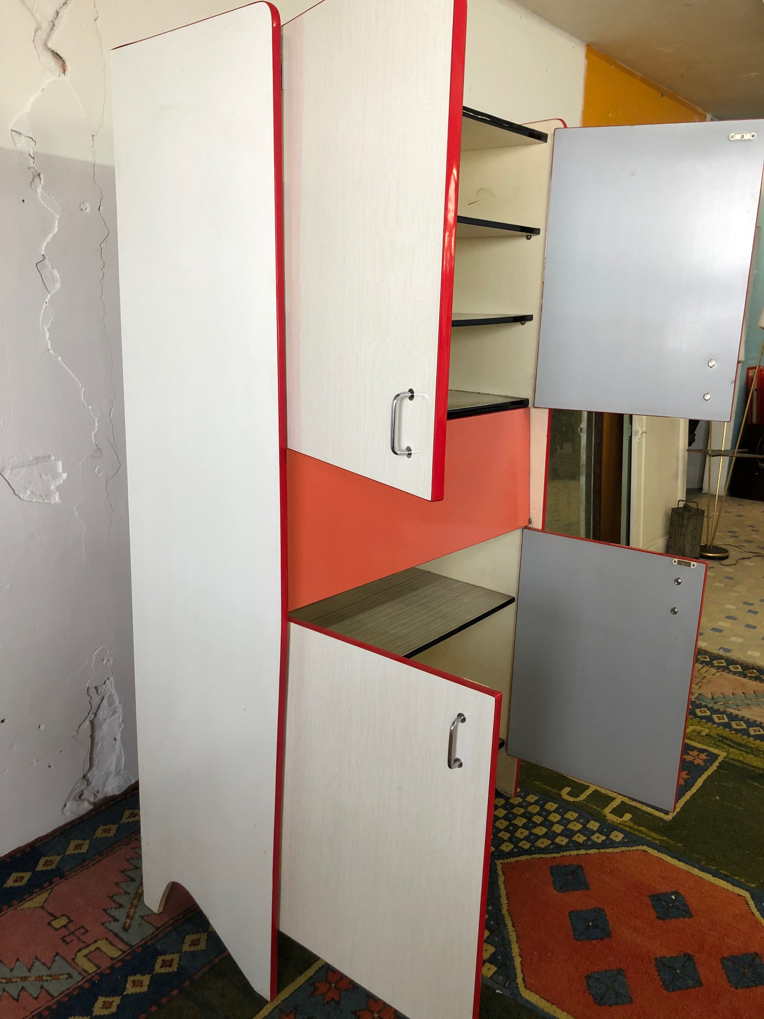 Stunning Formica Red and White Oblique Line Storage Furniture