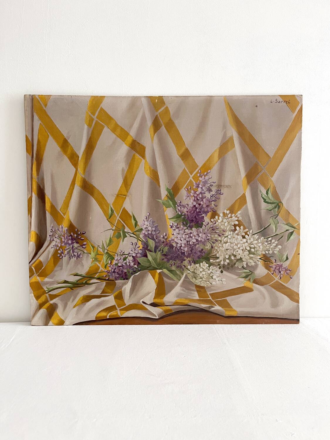 Old painting, oil on wood, lilac flowers on drapery by Sarret.