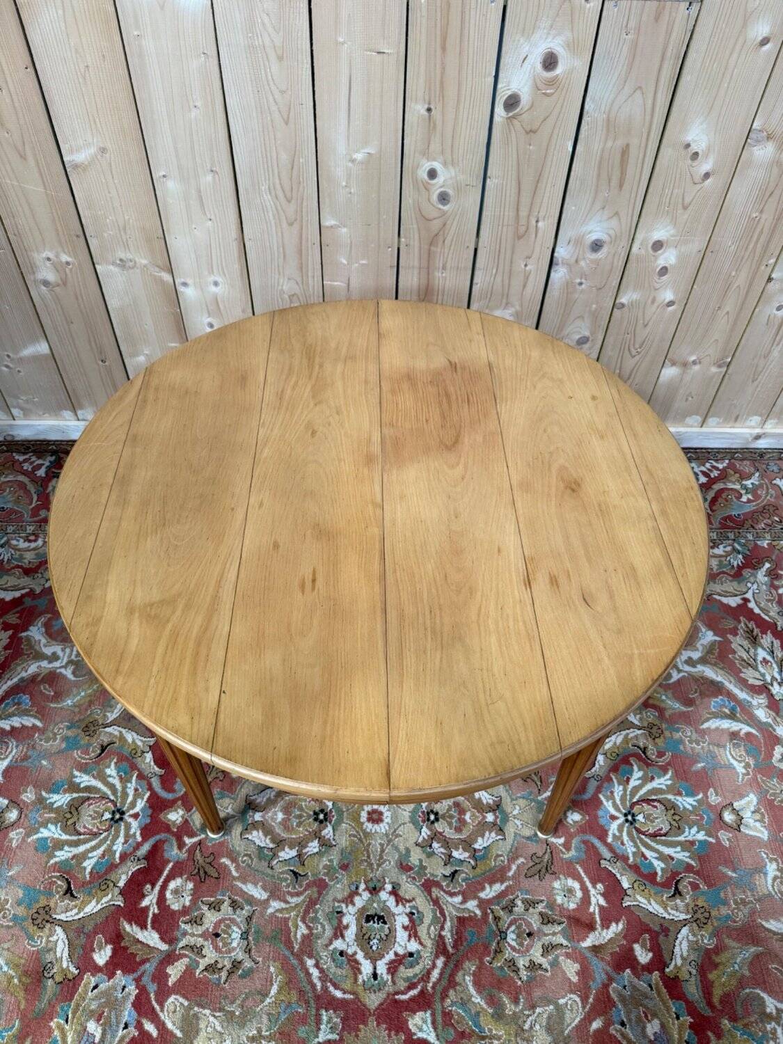 Extendable round table Louis XVI style solid cherry wood brass feet