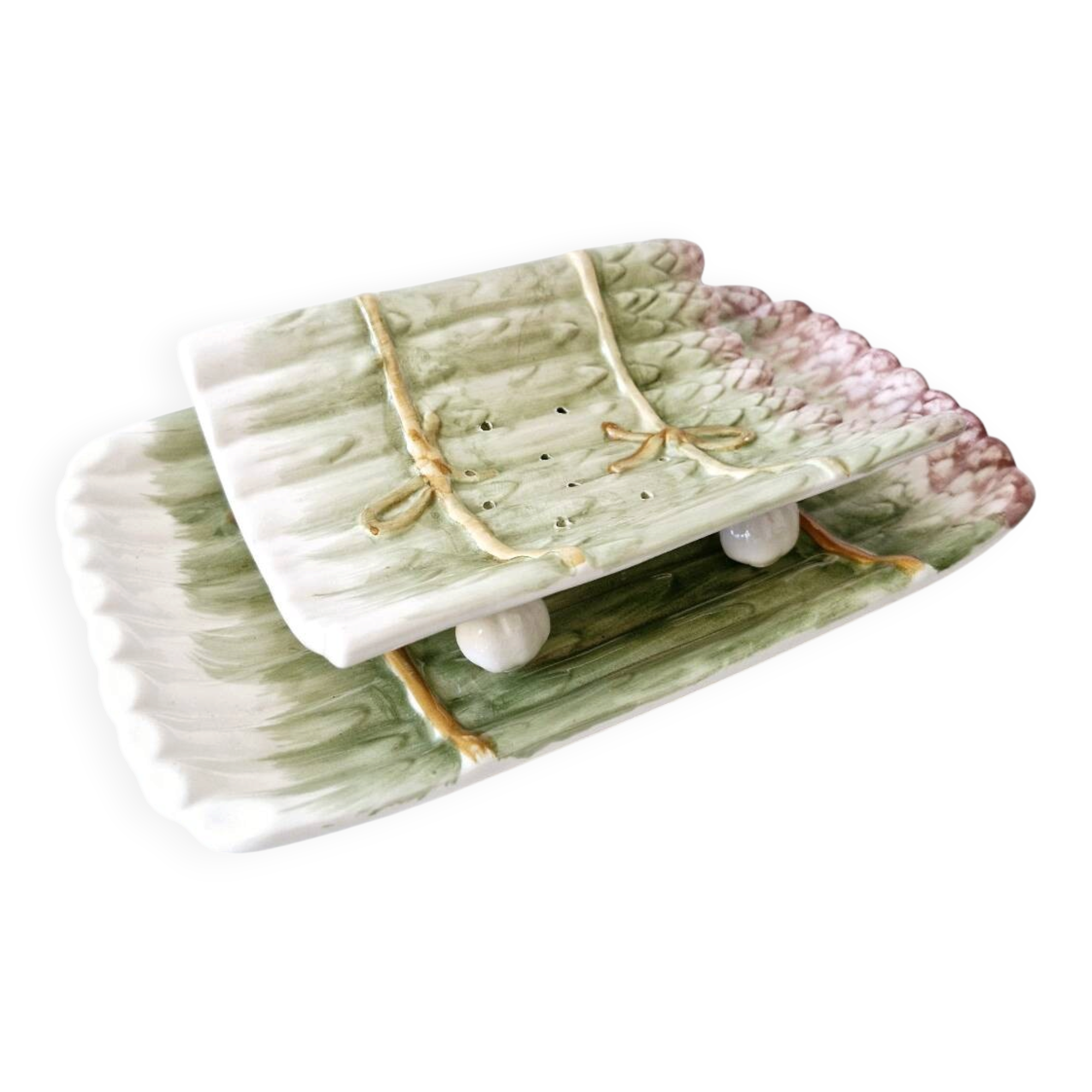 Old dish and asparagus drainer Barbotine ceramic