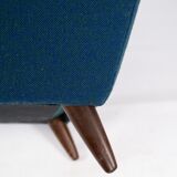 Armchair upholstered with dark blue wool fabric and legs in dark wood, of danish design, 1960s