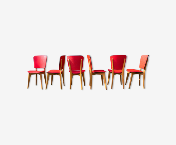Série de 6 chaises en hêtre et vinyle rouge année 50-60