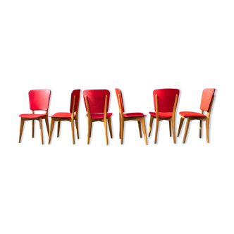 Series of 6 chairs in beech and red vinyl year 50-60