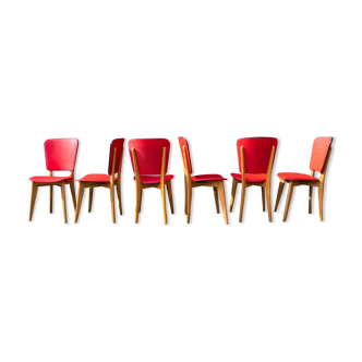 Série de 6 chaises en hêtre et vinyle rouge année 50-60