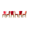 Series of 6 chairs in beech and red vinyl year 50-60