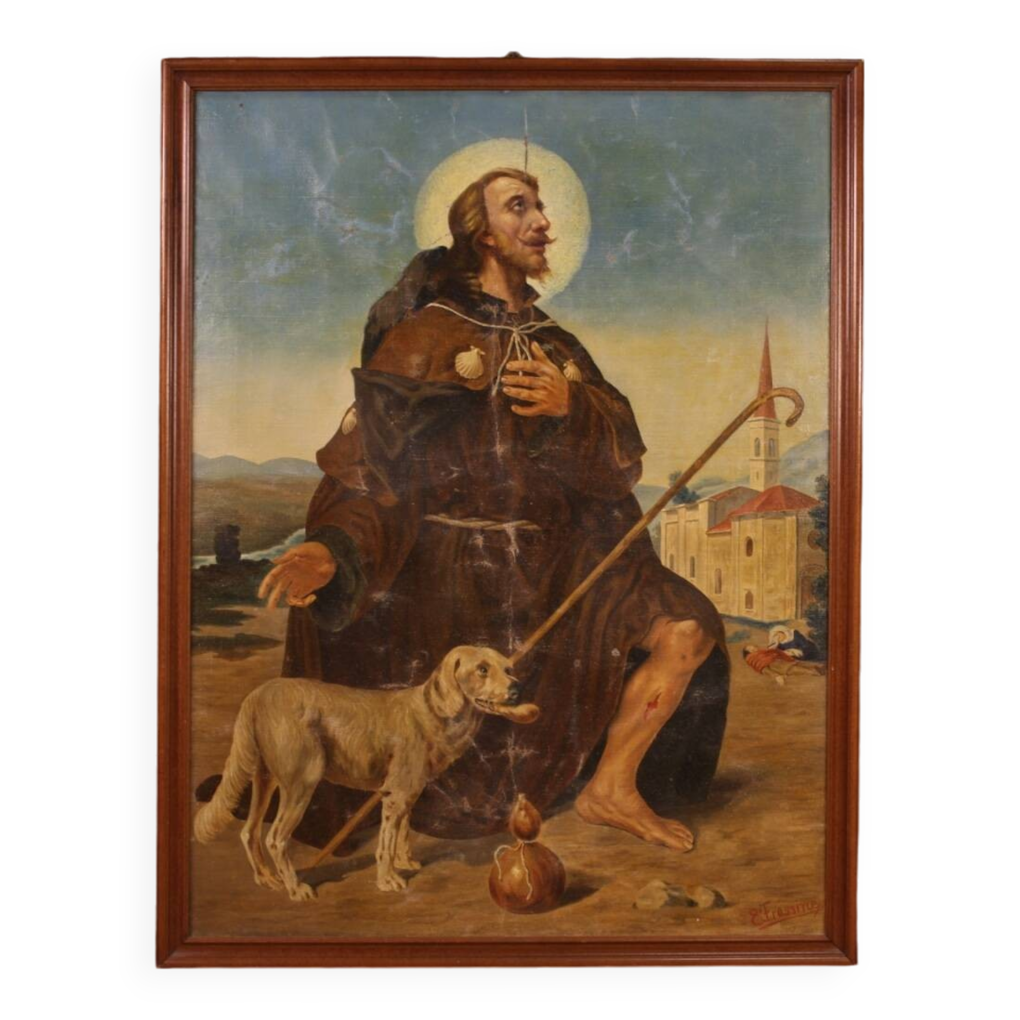 Tableau religieux huile sur toile Saint Roch du XXème siècle