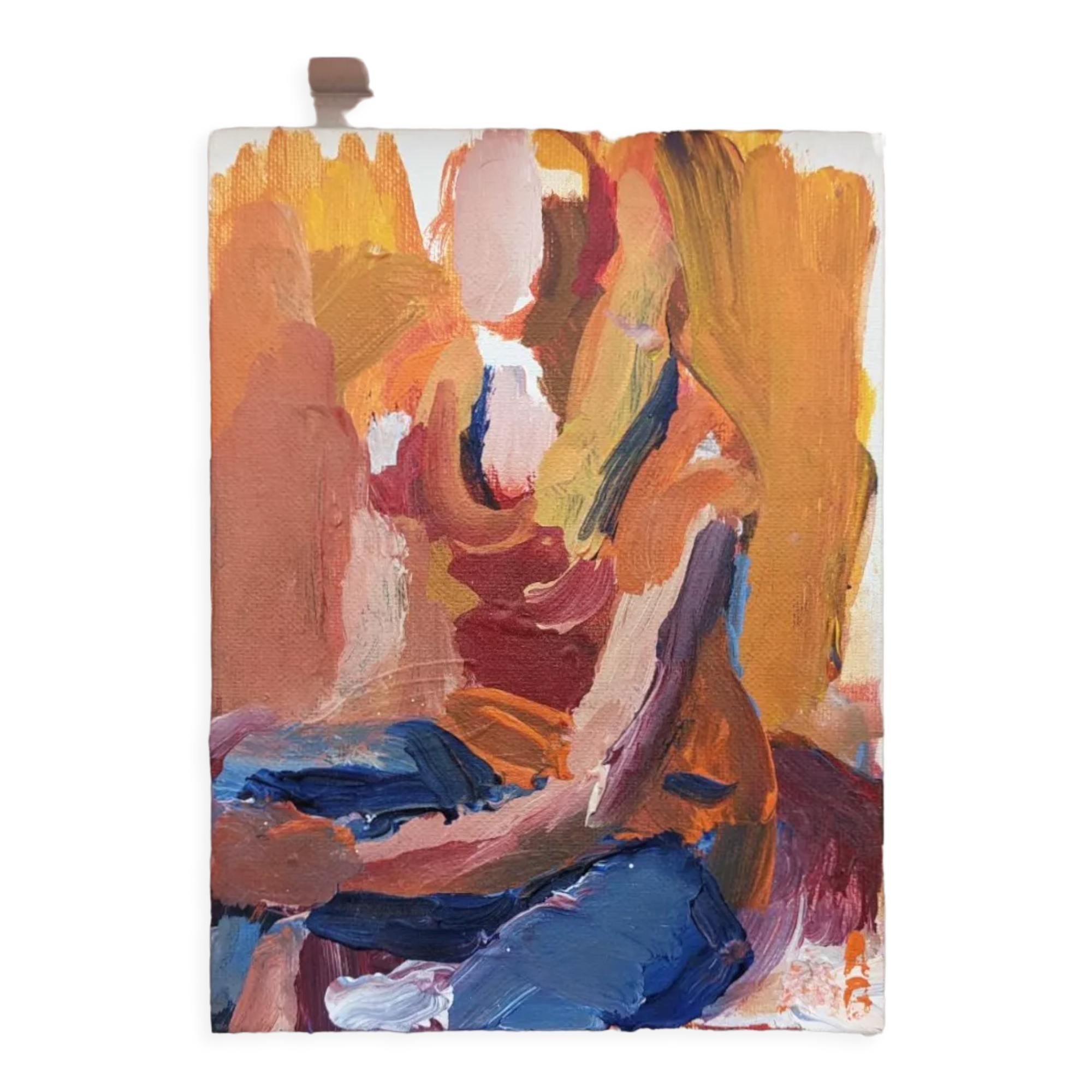 Mid-Century Modern "Seated in Orange" Swedish Vintage Abstract Portrait Oil Painting, Framed