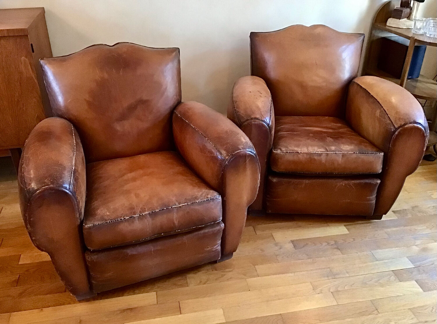 Pair armchairs club leather mustache art deco