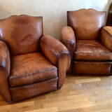 Pair armchairs club leather mustache art deco